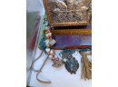 Vintage Wooden Metal Engraved Trinket Box With Jewelry