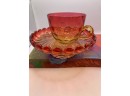 Vintage Carnival Glass Cup & Saucer Set With Sassy Jeweled Betsey Johnson Owl Necklace