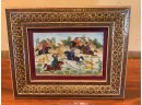 Vintage Intricate Asian Hand Painted Picture In Painted Wooden Frame