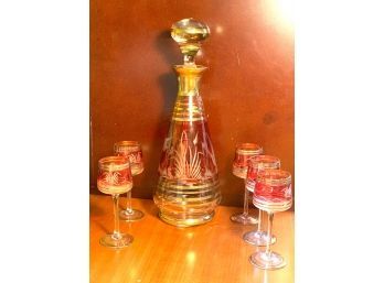 Vintage Bohemian Crystal Ruby Etched Liquor Decanter W/ 5 Stems