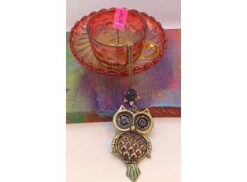 Vintage Carnival Glass Cup & Saucer Set With Sassy Jeweled Betsey Johnson Owl Necklace
