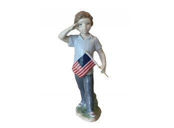 Vintage Lladro Ceramic Figurine Of A Little Boy Saluting The Flag