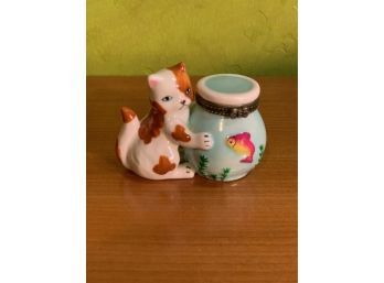 Vintage Porcelain Cat And Fishbowl Trinket Box