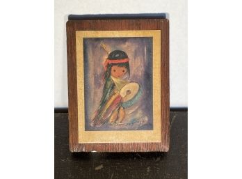 Vintage Native American Print On Wood Block By DeGrazia