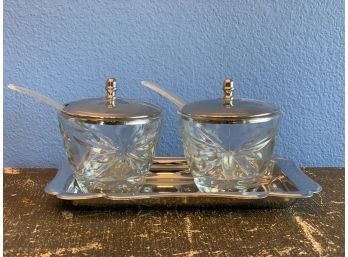 Vintage Chrome & Crystal Etched  Condiment Caddy