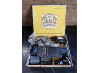 Vintage Partagas Cigar Box With Cellphones And Miscellaneous Electronics