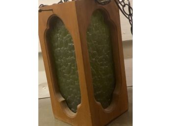 Vintage MCM Wooden And Green Glass Swag Lamp