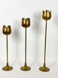 3 Mid-Century Brass Tulips Candlesticks