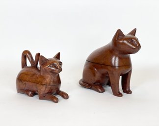 Two Carved Wooden Cats Trinket Boxes