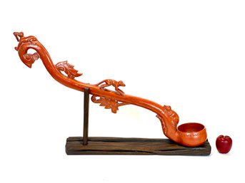 Red Lacquered Thai Ladle With Three Carved Monkeys