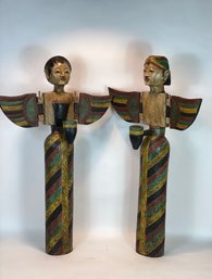 Large Indonesian Carved Wooden Figures With Articulating Wings
