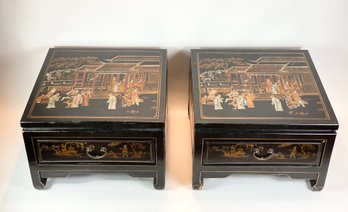 Black Chinese Bedside Tables With Gold Paint