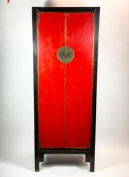 Tall Vintage Chinese Cabinet With Red Door