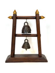 Southeast Asian Bronze Bells On Hanging Wooden Base