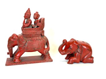 Red Lacquer Carved Elephant Trinket Boxes