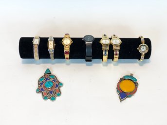 Group Of Designer Watches With Two Silver Turquoise Pendants