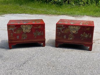 Chinese Bedside Tables On Wooden Bases