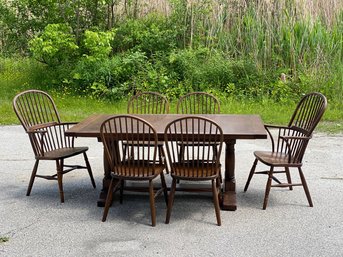 Dinning Room Table On Stretcher Base Eight Chairs Two Leaf