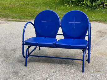 Vintage Gliding Metal Patio Bench In Blue Paint