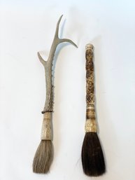 Two Early Japanese Calligraphy Brushes One Bone And One Horn