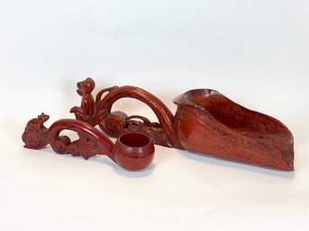 Red Wooden Scoop With Carved Monkey And Ladle With Carved Rat