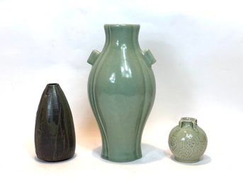 Three Pottery Pieces One Signed And  Two Are Celadon