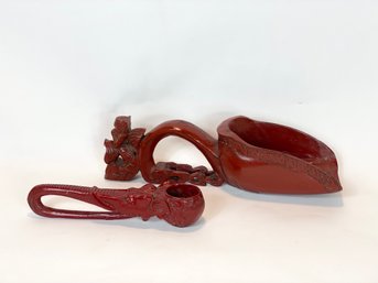 Red Lacquer Scoop With Carved Figure And Small Ladle With Carved Insect