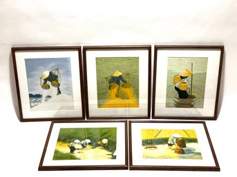 Five Framed Asian Silk Embroideries