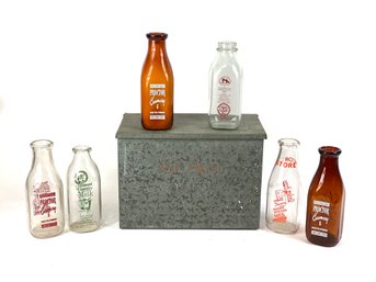 Six Milk Bottles With Maplewood Dairy Farm Cooler