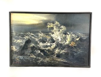 Mid-Century Black Ocean Oil On Canvas