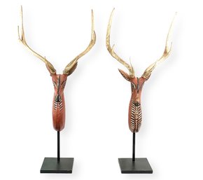 Outstanding Pair Of Carved Balinese Deer Heads With Antlers