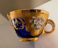 Absolutely Gorgeous Rare Vintage Blue Bohemian Glass And Gold Enamel Tea Or Coffee Set