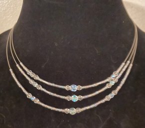 Vintage Three Stranded Wire Choker Necklace With Shiny Clear Beads