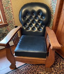 Beautiful Vintage Black Leather Chair With Wood Arms And Base