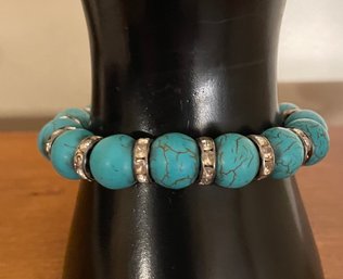 Turquoise With Silver A Rhinestone Stretch Bracelet