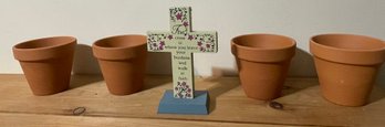 Hand Painted Wooden Cross Decor And Four Not Used Terra Cotta Planters