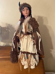 Native American Porcelain Doll With Stand