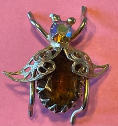 Pretty Vintage Beatle Pin With Amber Stone