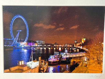 Signed Photograph By Lisa Linard Of Bridge Over Water And Ferris Wheel At Night