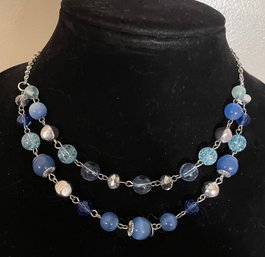Blue Bead Double Stranded Choker Necklace