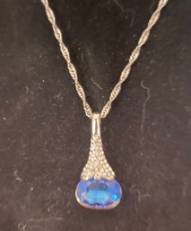 Very Pretty Silvertoned Necklace With Dark Blue Stone