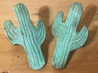 A Pair Of Metal Painted Cactus Napkin Ring Holders