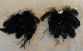 Very Large Black Feather With Bling Clip On Earrings