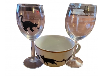 Cat Themed Wine Glasses And Coffee Mug