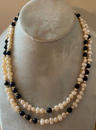Very Long Costume Pearl And Black Beaded Necklaces