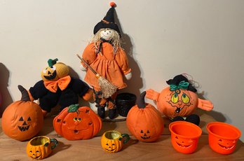 Halloween Lot Of Pumpkins And Mini Scarecrow Witch Decor