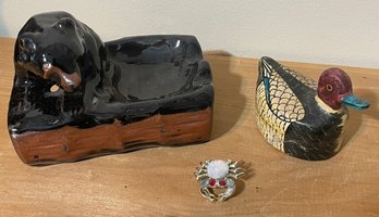 A  Bear Porcelain Ashtray, A Two Piece Little Duck Trinket Box And A Crab Pin