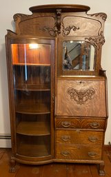 Absolutely Gorgeous Carved Antique Curved Glass Curio With Side By Side  Desk