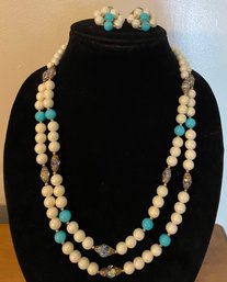 Vintage Pearllike And Turquiose Beadnecklace With Matching Clip On Earr