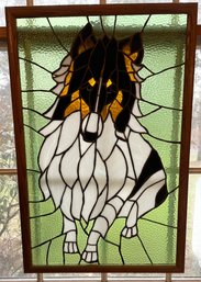 Vintage Stained Glass Collie Framed Wall Or Window Hanging